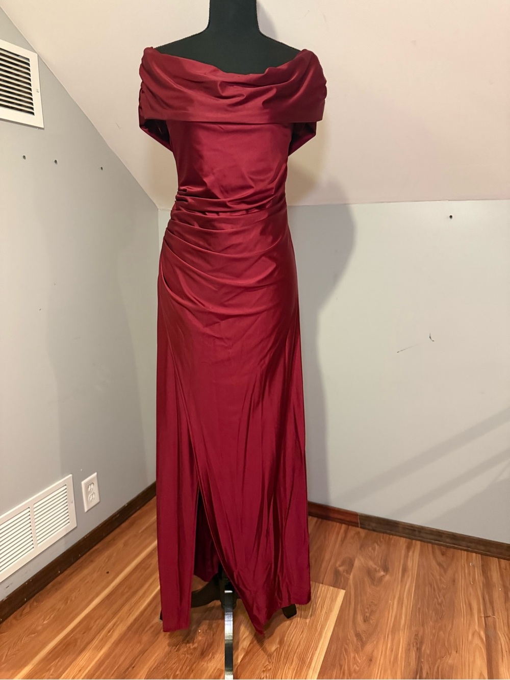 OYS Off-Shoulder Wine Red Satin Maxi Dress